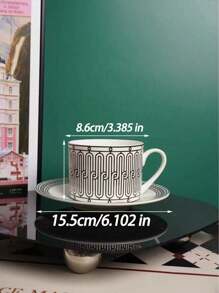 1 Set, Black & White Geometric Pattern Ceramic Coffee Cup & Saucer, Minimalist Art Deco Style, 250ml/8.5oz, Heat-Resistant Porcelain Tea Cup For Home Office Cafe, Aesthetic Kitchen Decor & Gift - A Black and White Line Ceramic Cup and Saucer Set - View 2