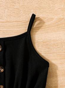 女童彩色拼接雏菊印花纽扣装饰休闲连衣裙，适合夏季穿着，少女服装 - 黑色 - 查看 4