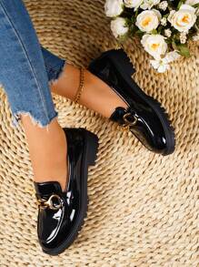 Spring New British Style Slip-On Loafers, Fashion Patent Leather Chunky Heel Soft Sole Comfort Flat Shoes For Women