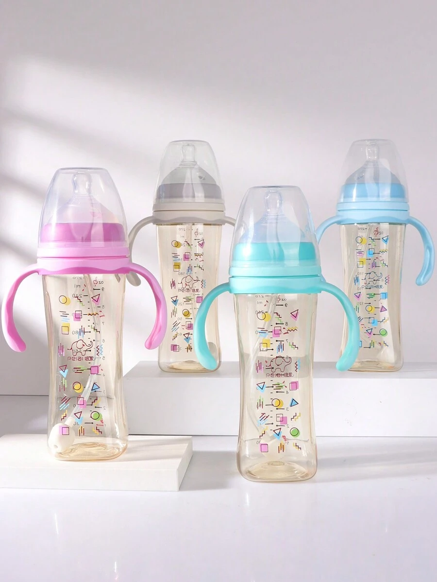 1pc 270ml Geometric Pattern PPSU Baby Bottle With Silicone Nipple, Anti-Drop Material With Handle For Self-Feeding