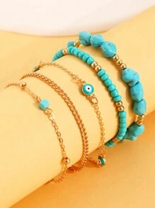 5pcs/Set Evil Eye Acrylic Beaded Summer Anklet Jewelry Set, Fashionable & Unique - Turquoise - View 3