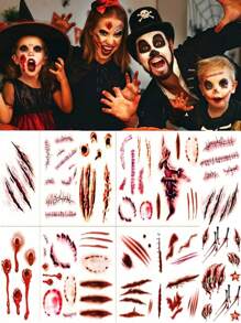 12 Sheets Halloween Fake Scars Tattoos Fake Blood Fake Stitches Vampire Makeup Kit Fake Cut Scary Face Zombie Makeup Sticker Set Suitable For Halloween Party Cosplay - Multicolor - View 1
