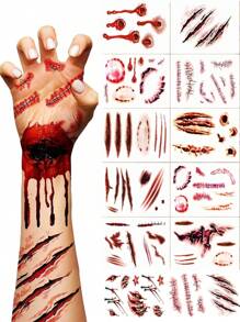 12 Sheets Halloween Fake Scars Tattoos Fake Blood Fake Stitches Vampire Makeup Kit Fake Cut Scary Face Zombie Makeup Sticker Set Suitable For Halloween Party Cosplay - Multicolor - View 2