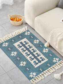 1pc Classic Versatile Handwoven Bohemian Tassel Rug, Machine Washable Easy Clean Boho Rug For Living Room, Bedroom, Hallway And Other Home Decor - Industry B - View 6