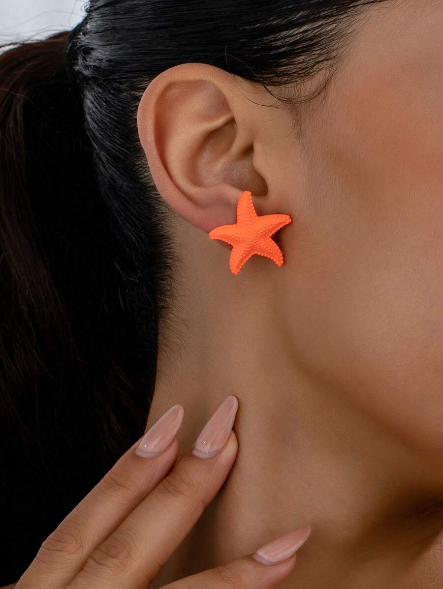 1對極簡風格海星金屬耳釘，海洋主題 - 橘色 - 查看 1