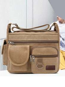 1 件卡其色帆布单肩包大容量多层邮差包学生旅行单肩包斜挎包大学学校单肩包轻便多功能爸爸大学包新生多功能宿舍感恩节礼物侧包腰包手提包礼物露营单肩包返校春假男士包包学校用品钱包 - 卡其色 - 查看 2