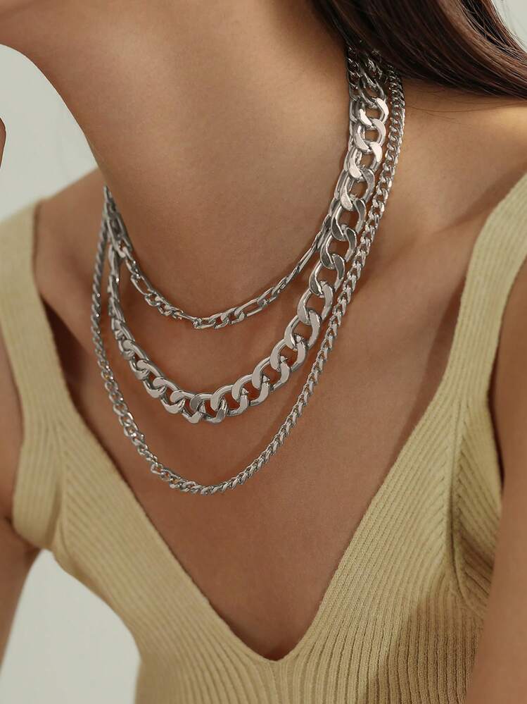 boohoo シルバーチェーンネックレス 3個パックセット 45cm 幅3mm 平小豆 長小豆 シルバーネックレス チェーン