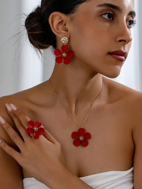 1 Piece/1 Set Of Fashionable And 2024 New Flower Elements, Colorful Flower Rings, Earrings, Necklace Set, Travel And Vacation Style, French Style, Fresh And Fresh, Women's Banquets, Parties, Dates, Daily Wear, Gift Giving Season Valentines,Mom,Mother,Mother's Day,Gift
