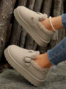 Botas de suela gruesa y tacón medio cálidas y de piel sintética, estilo europeo y estadounidense para otoño/invierno 2024. Botas de nieve con hebilla y de talla grande con cierre elástico de estilo de moda