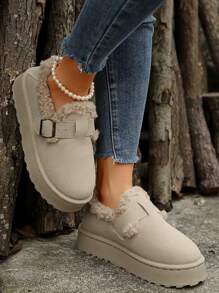 Botas de suela gruesa y tacón medio cálidas y de piel sintética, estilo europeo y estadounidense para otoño/invierno 2024. Botas de nieve con hebilla y de talla grande con cierre elástico de estilo de moda