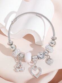 Stainless Steel Bangle Bracelet With Swan Pendant & Full Rhinestone Heart Shaped & Many Stars Rhinestone Decor, Best Gift For Couples, Suitable For Daily Wear And Dating Valentines,Mom,Mother,Mother's Day,Gift - White - View 2