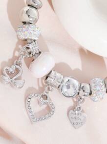 Stainless Steel Bangle Bracelet With Swan Pendant & Full Rhinestone Heart Shaped & Many Stars Rhinestone Decor, Best Gift For Couples, Suitable For Daily Wear And Dating Valentines,Mom,Mother,Mother's Day,Gift - White - View 3