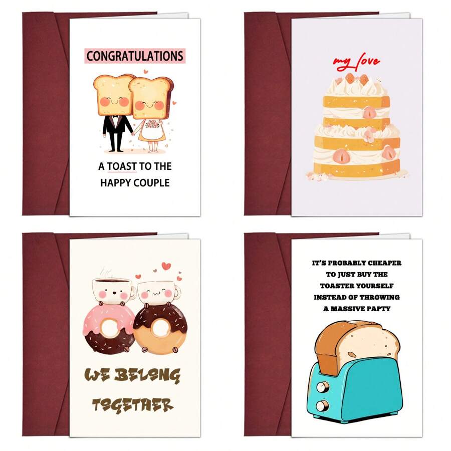 4 Style Fun Wedding Greeting Card With Cute Cartoon Role, Humorous Congratulations Toast For Happy Couple, Wedding Card, Engagement Card - Multicolor - View 1