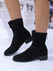Autumn Women Retro Suede Chunky Heel Pointed Toe Ruched Mid-Calf Boots