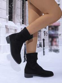 Autumn Women Retro Suede Chunky Heel Pointed Toe Ruched Mid-Calf Boots