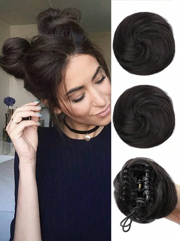 Space Bun Hair Pieces 2 PCS Mini Claw Clip In Messy Cat Ears Fake High Temperature Heat Resistance Synthetic Hair Bun Extensions Wig Accessory Updo Hairpieces For Women Girls Black SHEIN