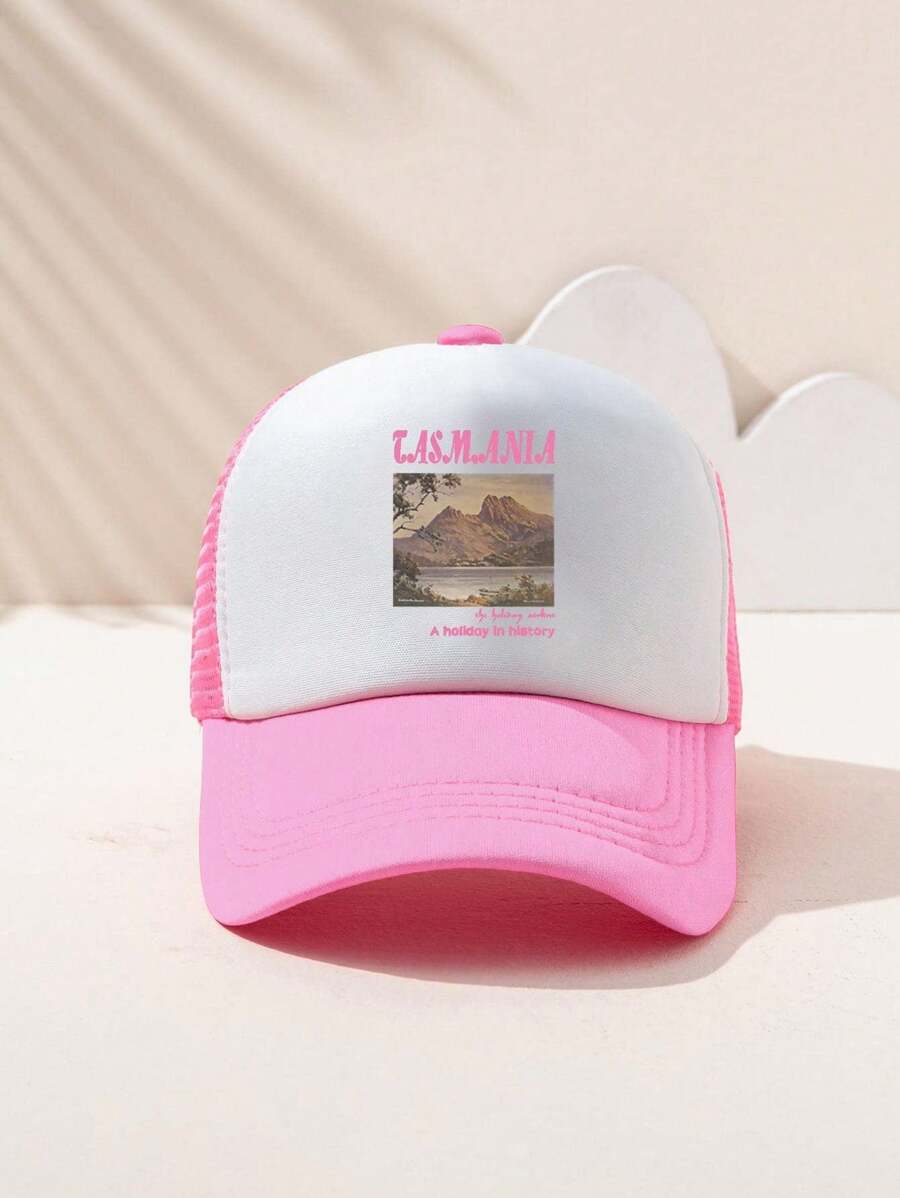 1pc Unisex Y2K Style Landscape & Letter Printed Sun Hat, Suitable For Outdoor Sports And Daily Wear - Pink - View 1