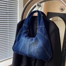Tote Wandering Bag Denim Shoulder Bag - Stylish, Durable, And Spacious Underarm Bag For Women, Perfect For Daily Use And Shopping - 深色水洗藍 - 查看 6