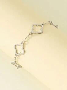 1pc Fashionable Hollow Flower Metal Summer Bracelet With Geometric Clover Pendant Necklace, Beach Party Valentines,Mom,Mother,Mother's Day,Gift