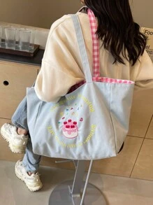 2024年新款新鮮對比色雙肩包，大容量手提包，休閒風格格紋刺繡帆布包，大學生背包兼容 - 淺藍色 - 查看 8