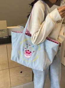 2024年新款新鮮對比色雙肩包，大容量手提包，休閒風格格紋刺繡帆布包，大學生背包兼容 - 淺藍色 - 查看 6