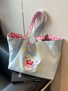 2024年新款新鮮對比色雙肩包，大容量手提包，休閒風格格紋刺繡帆布包，大學生背包兼容 - 淺藍色 - 查看 12