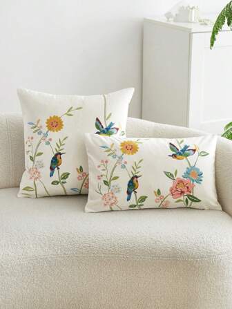 1入組彩色鳥花刺繡枕套，適合家居裝飾，全季節裝飾枕套