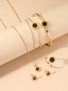 6 件/套钛钢不褪色罗马数字项链、手链、锁骨链、吊坠首饰套装，适合女士，优雅