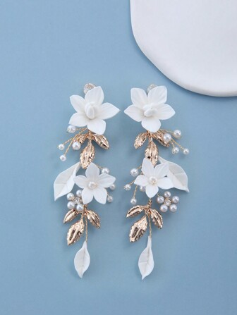 1 Pair Handcrafted Clay Flower & Leaf With Faux Pearl Decor Metal Accent Bridal Earrings,School Halloween