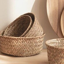 Woven Storage Basket, Round, For Kitchen Garlic & Ginger, Foyer Tabletop Organizer - Multicolor - View 5