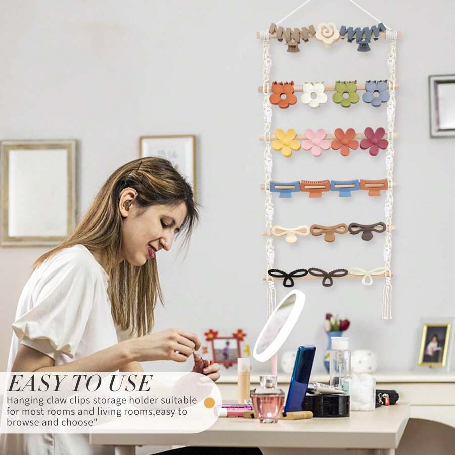 Hair Claw Clip Organizer,Macrame Hanging Hair Clip Holder And Storage For Girls,Claw Clips Hanger Home Boho Decor For Wall,Door,Closet - Beige-1 - View 1