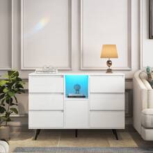 Living Room Sideboard Storage Cabinet White High Gloss With LED Light, Modern Kitchen Unit Cupboard Buffet Wooden Storage Display Cabinet - White - View 2