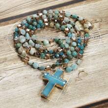1pc Springtime Fashion Bohemia Style Natural Stone & Glass Beads Knotted Necklace With Cross Pendant, For Sweater Chain