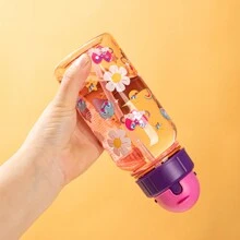 1pc 500ml Cute Cartoon Print Water Bottle With Straw For School Leak Proof & Easy Clean & Carry Handle, For Outdoor, Camping