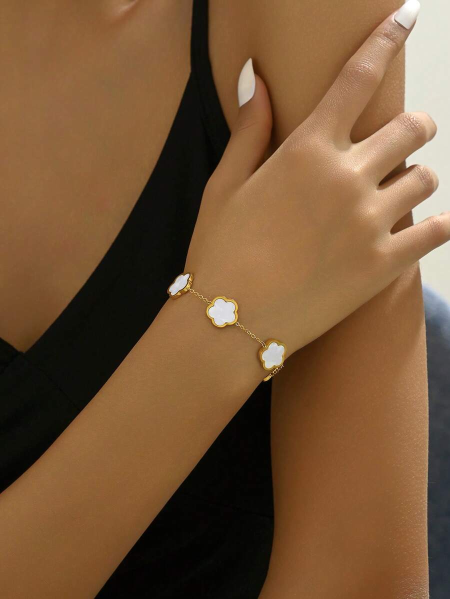 LIEBEIRIS 1 件 18K 镀金不锈钢五角星花手链女士情人节礼物 - 白色 - 查看 1