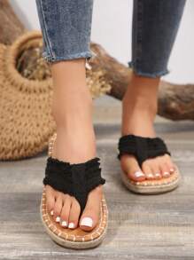 Women's Flat Linen Rope Thong Sandals, Strap Open Toe Slippers, Comfortable Beach Shoes For Vacation - Black - View 5