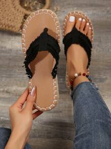 Women's Flat Linen Rope Thong Sandals, Strap Open Toe Slippers, Comfortable Beach Shoes For Vacation - Black - View 3
