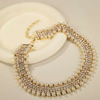 1pc Glamorous Rhinestone & Faux Pearl Decor Necklace For Women For Party