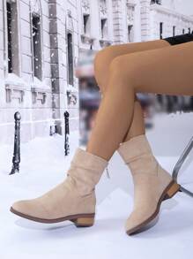 Pile Of Boots Women Knight Boots Retro Suede Thick Heel Pointed Toe Autumn New Ruched Mid-Tube Boots Autumn - Khaki - View 2