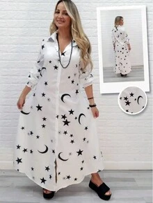 ¡Curva dobladillo eslogan vestido de la camisa de impresión, la primavera y el verano nuevo vestido de camisa de un solo pecho, impresión geométrica botón vestido de la camisa, de moda, de moda, adecuado para cualquier escena! - Blanco y Negro - Ver 3