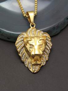 2 piezas un conjunto de joyería con circonita cúbica de acero inoxidable 316l, gran circonita cúbica empotrada para hombre, collar de circonita cúbica chapado en oro de 18K con piedras completas, cabeza de león de animales, regalos de cumpleaños para hombre con cadena de caja de 60 cm de longitud - Dorado - Ver 5