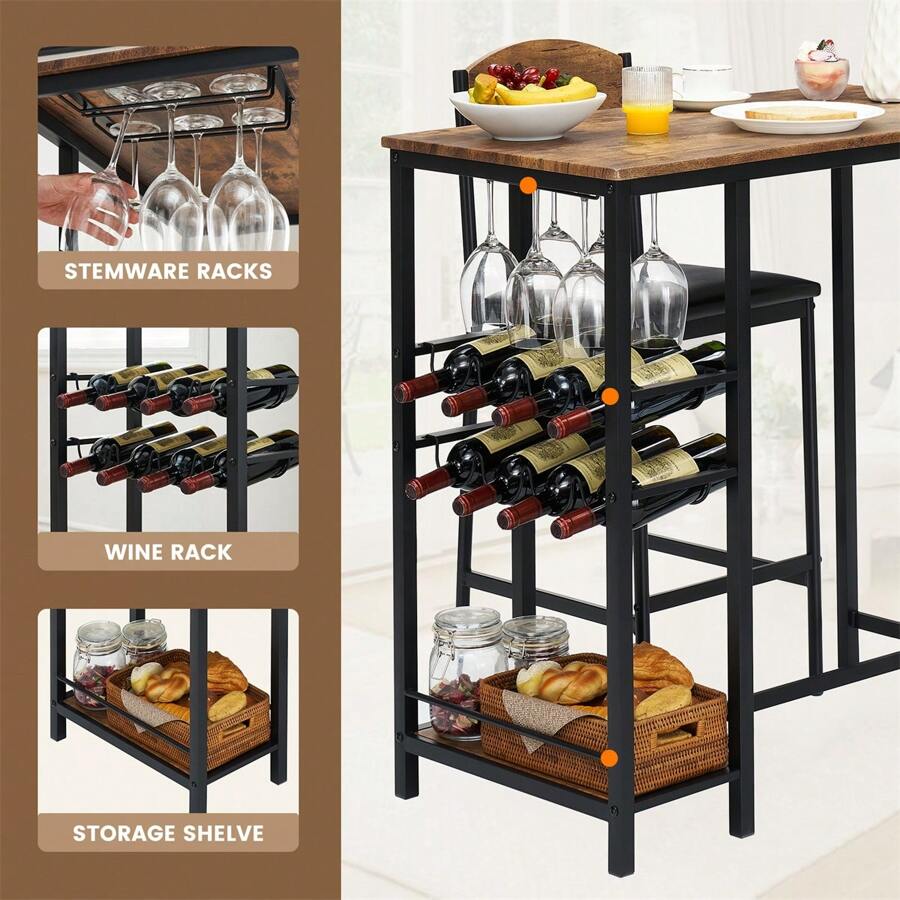 Bar Table Set Of 2 With Footrest, Kitchen Dining Table With 2 Upholstered Chairs, Small Space Counter Height Barstools For Counter Bar, Sturdy And Durable, Easy To Assemble, Rustic Brown