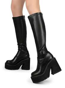 Design Elastic Knee High Boots Women Gothic Punk Platform Motorcycle Women's Boots Chunky High Heels Shoes - 黑色 - 查看 2