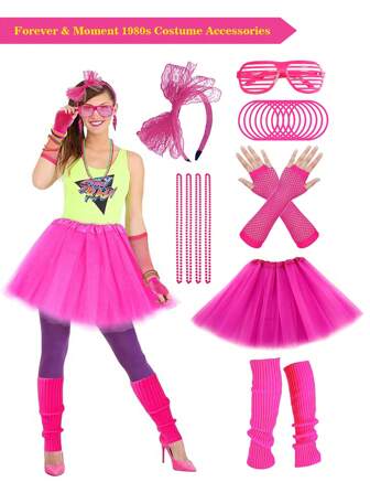 Forever & Moment A Set Of 80s Women's Clothing Accessories, 1970s And 1980s Lace Hair Accessories, Sexy Mesh Tutu Skirts, Long Fishing Net Gloves, Necklaces, Bracelets, Ball Leg Warmers, Suitable For Role-Playing Costume Accessories At Ball Parties Christmas Prom Halloween