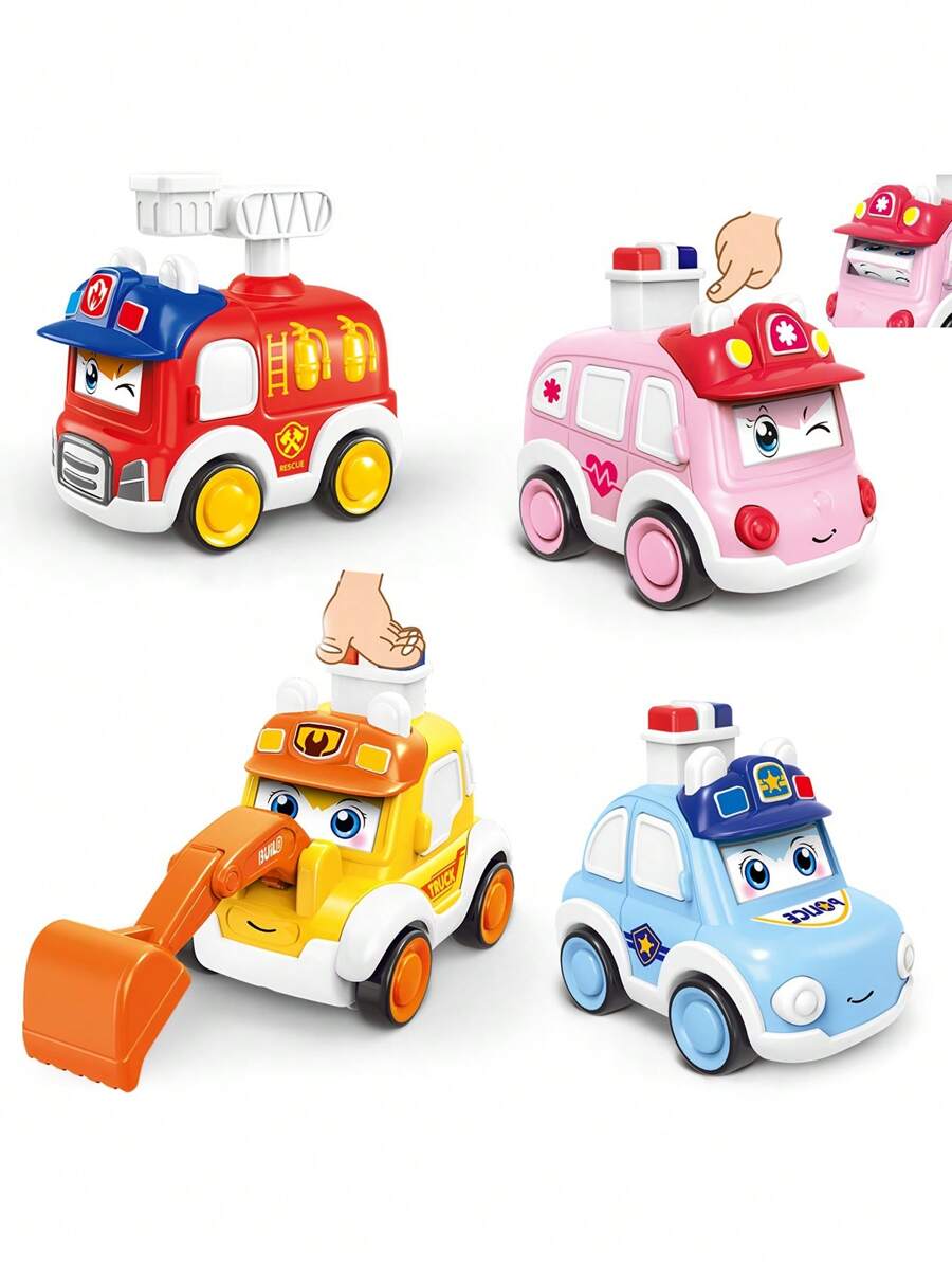 1PC Kid Cartoon Press-Toy Car Ambulance Police Cars Fire Truck Toys-Manual Operation, Colorful Plastic Body Perfect Gift For Boy And Girl,Back To School