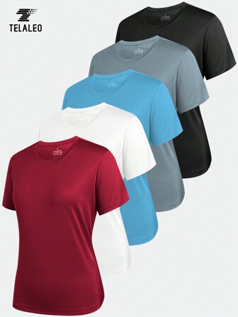 TELALEO 5 paquetes de tops para mujeres para hacer ejercicio de manga corta, camisetas deportivas de secado rápido para tenis, yoga, correr, cuello redondo