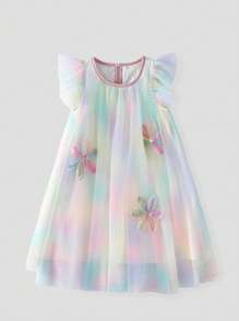 Young Girl 1pc BSand-Colored Rainbow Ombre Flared Dress With Puff Sleeves And 3D Flower Accents, Tulle Princess Dress
