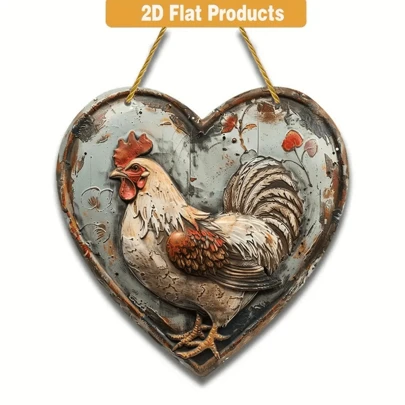 1pc 2D Flat Chicken Wooden Sign (8 Inch X 8 Inch), Fun Gift For Friends, Vintage Sign, Retro Wooden Sign, Heart-Shaped Sign, Country Farmhouse Sign, Suitable For Garden, Man Cave, Bar, Club, Farm Wall Decor, Home Decor, Outdoor Decor, No Gold Rope Included