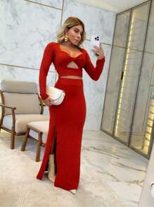 Conjunto Elegante: Saia Longa e Cropped de Manga Longa - Vermelho - Visão 1