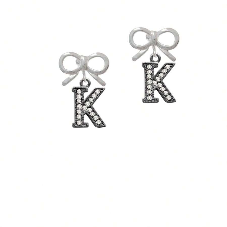 Delight Jewelry Crystal Black Initial - K - Beaded Border - Crystal Clip On Earrings - 銀色弓 - 查看 1